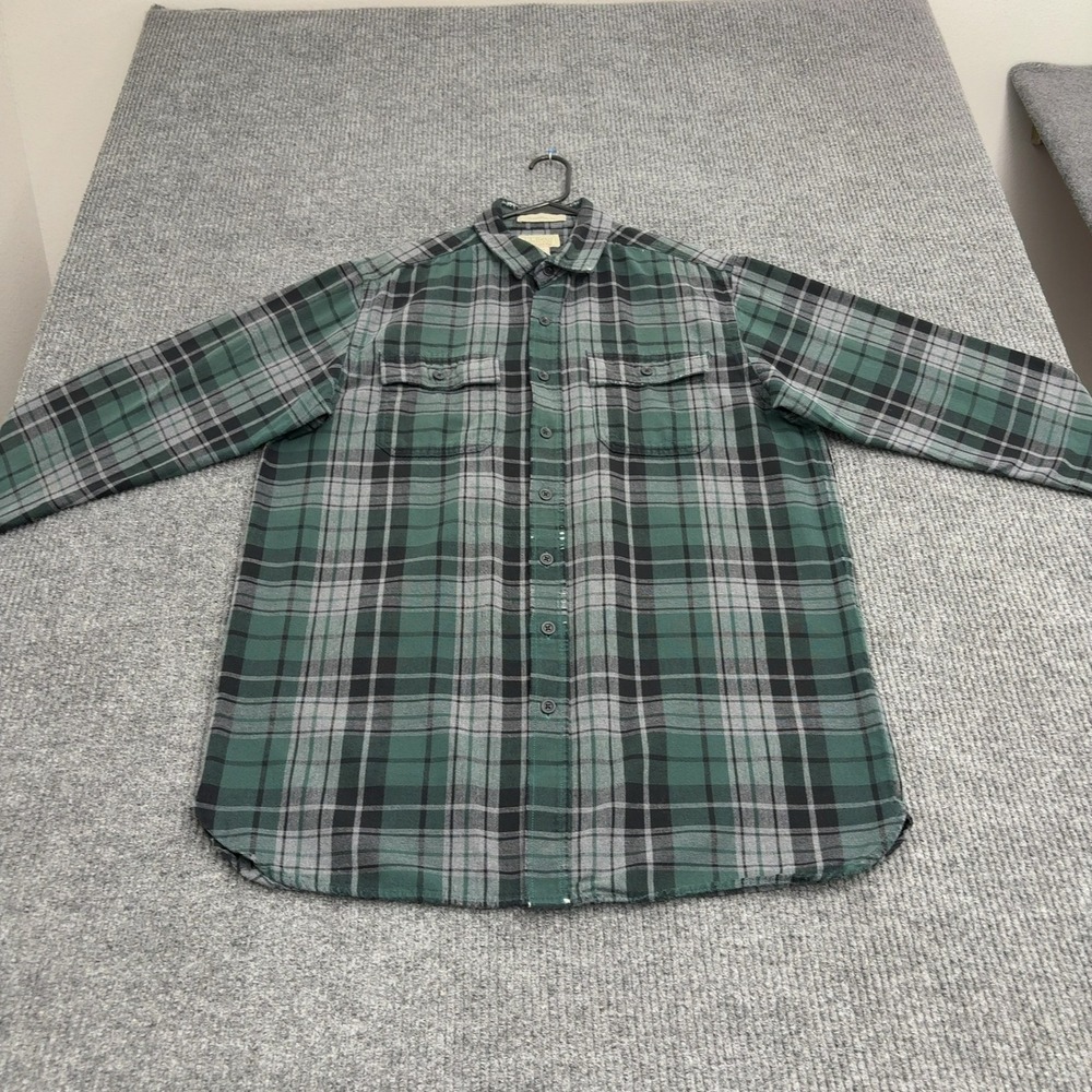 LL Bean Shirt Mens L Green Cotton Chamois Plaid Distressed Workwear Grunge